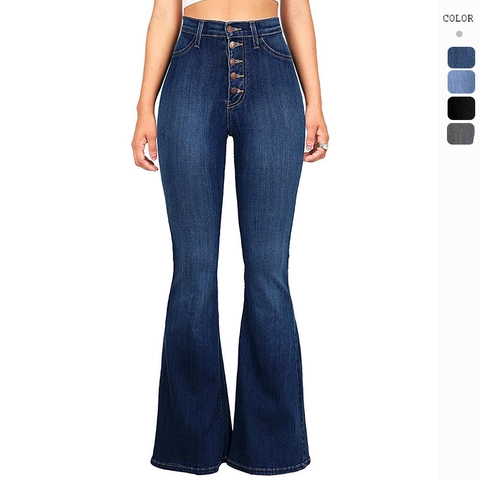 Damen Flare Jeans Hohe Taille Stretch Denim Mehrere Knöpfe Schlanke Passform Retro Schlaghose Jeanshose