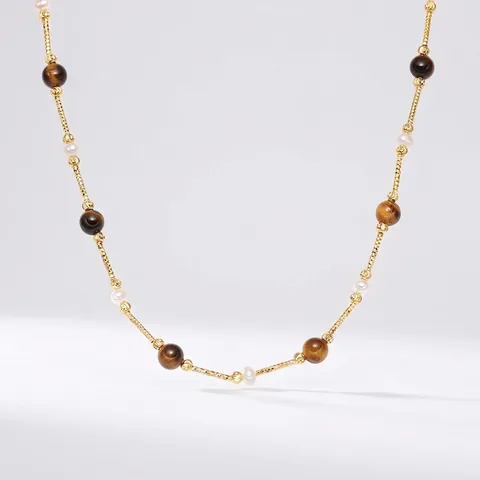 French Maillard Style 925 Sterling Silver Tiger Eye Stone Artificial Pearl Necklace Elegant Clavicle Chain Jewelry For Women