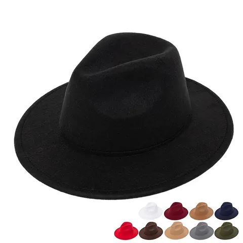 Classic Fedora Hat Wide Brim Solid Color Polyester Felt Jazz Style Vintage British Gentleman Unisex Autumn Winter