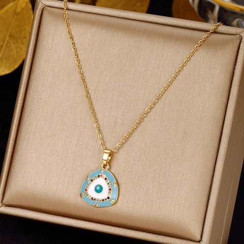 Collana Con Pendente Malocchio Acciaio Inossidabile Smalto Triangolare Zirconia Colorata Placcato Oro Gioielli Da Donna