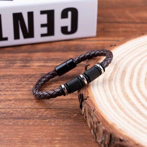 Bracciale In Pelle PU Intrecciata Da Uomo Con Perline In Lega Stile Vintage Geometrico Chiusura Magnetica Braccialetto Intrecciato A Mano