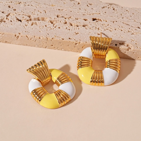 Vintage Square Geometric Stud Earrings Alloy Enamel Contrast Color Textured Jewelry With Silver Earring Post For Women