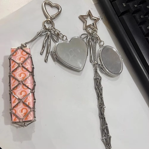 Portachiavi Pendente In Metallo Per Borsa Con Fiocco Cuore Stella Specchio Pieghevole E Custodia A Rete Per Rossetto Accessori