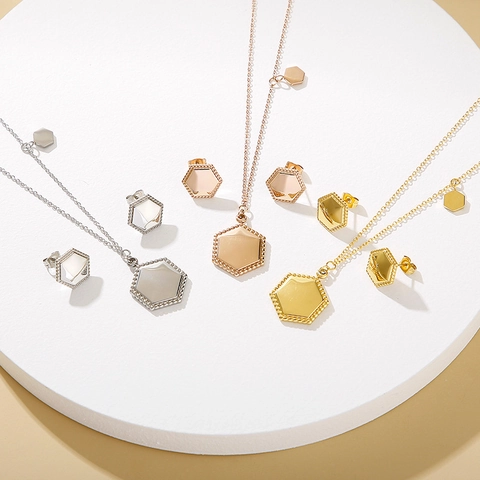 Edelstahl Halskette Und Ohrringe Schmuck Geometrische Sechseck Runde Rippentextur Elegante Mode Für Frauen