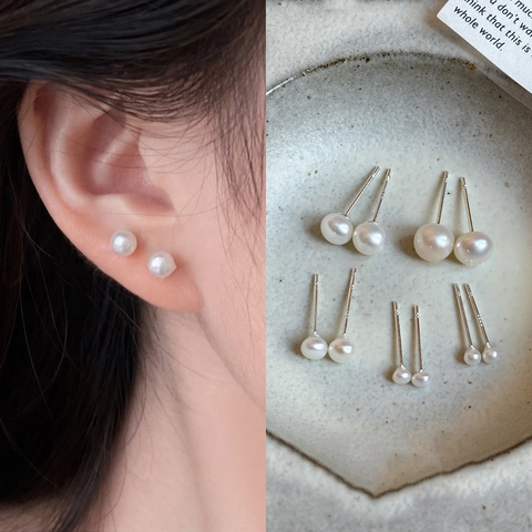 Orecchini A Lobo Minimalisti Con Perle D'acqua Dolce Rotonde E Perni In Argento Gioielli Eleganti