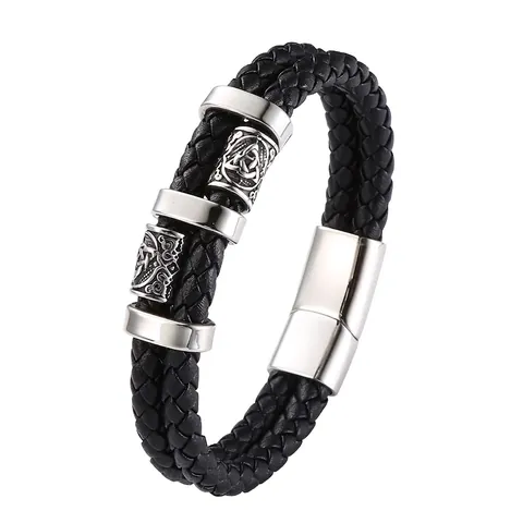 Herren Geflochtenes Lederarmband Mit Edelstahl Keltische Knoten Perlen Magnetverschluss Vintage Wikinger Nordischer Stil