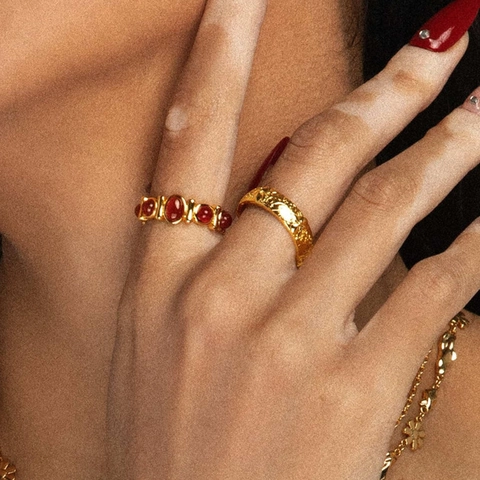 Vintage 18K Gold Plated Stainless Steel Ring For Women With Tiger Eye Red Agate Gemstone Geometric Retro Fashion Jewelry