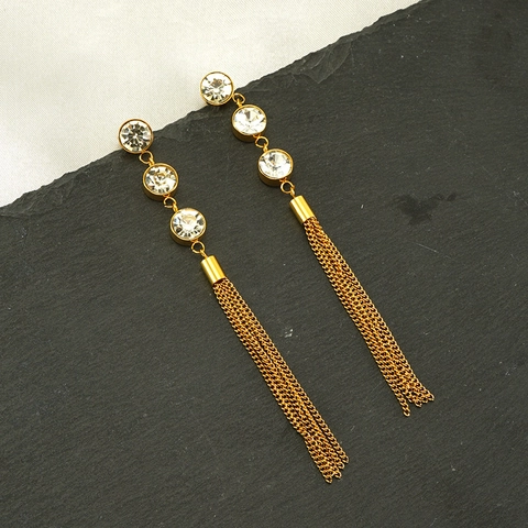 Edelstahl Quasten Ohrringe 18K Vergoldet Zirkon Lange Hängende Tropfen Vintage Eleganter Schmuck Für Frauen