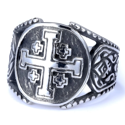 Anello Sigillo Con Croce Di Gerusalemme Vintage Da Uomo Acciaio Inossidabile 316L Retrò Annerito Lucidato Gioielli