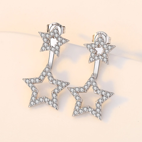 Eleganti Orecchini a Lobo Doppia Stella in Rame e Zirconia Con Perno in Argento Sterling 925 per Donna Gioielli di Moda
