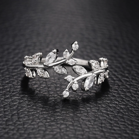 Elegante Anillo de Hoja de Cobre Ajustable para Mujer Incrustado con Circonia Anillo Abierto Estilo Bosque Joyería de Moda