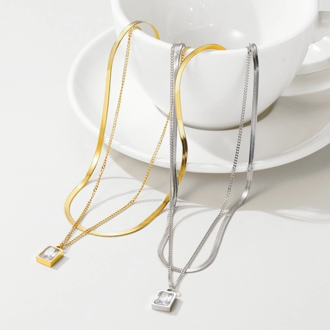 Double Layer Pendant Necklace Stainless Steel Flat Snake Bone And Link Chain With Rectangular Zircon For Women Elegant