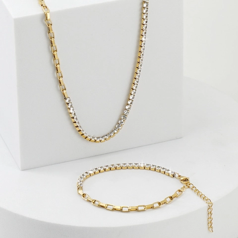 Collana E Bracciale In Acciaio Inossidabile Placcato Oro 18K Patchwork Zircone Tennis Catena Graffetta Gioielli Donna
