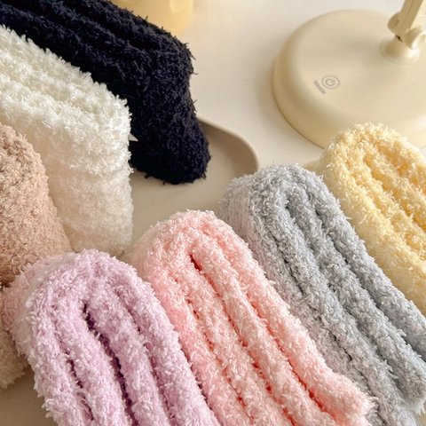 Women Acrylic Coral Fleece Winter Warm Sleep Socks Sweet Plush Bow Decor Home Floor Socks Thickened Thermal Crew Socks