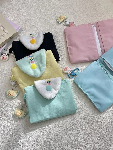 Cute Korean Style Canvas Card Holder Mini Wallet Plush Flap Button Closure Animal Charm For Student Girl Small Purse