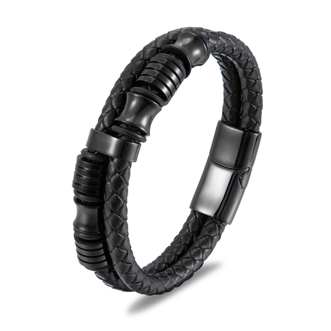 Mens Multilayer Braided Cowhide Leather Bracelet Stainless Steel Alloy Magnetic Clasp Punk Simple Hand Jewelry Gift For Men