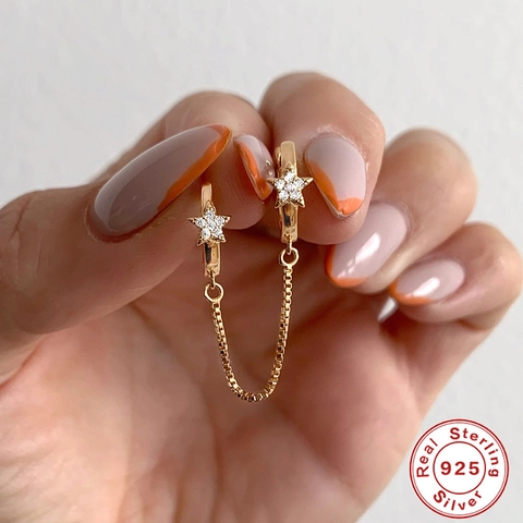 Orecchini a Cerchio Collegati in Argento Sterling S925 Con Nappa a Stella per Donna Zirconia Doppio Piercing Solo Orecchino