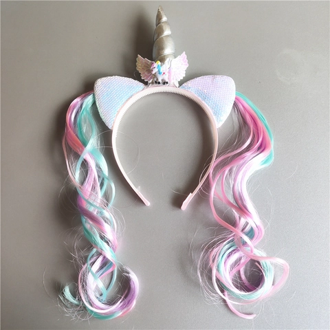 Kinderen Eenhoorn Haarband Met Lange Krullende Synthetische Pruik Pailletten Oren Vleugels Voor Party Cosplay Meisjes