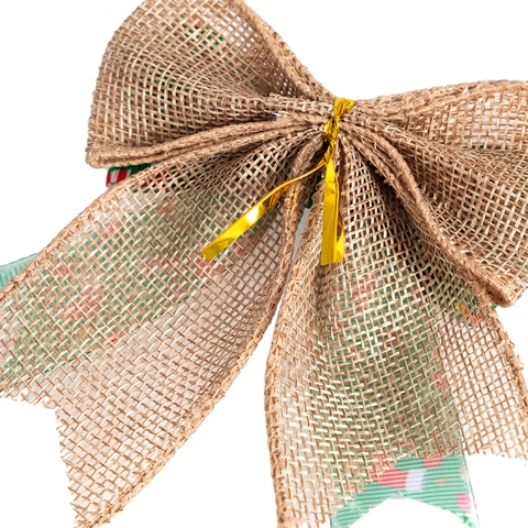 Nœud de Noël en Toile de Jute à Carreaux Décoration Double Couche Ornements d'Arbre de Noël Nœud de Boîte Cadeau Avec Motifs de Bonhomme de Neige Renne