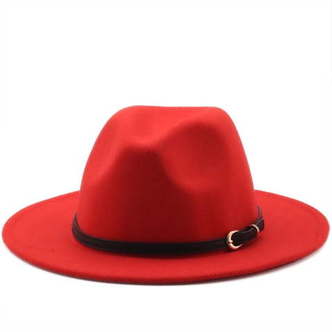 Wide Brim Fedora Hat Woolen Felt Jazz Hat With Leather Belt Gold Metal Buckle Solid Color Vintage Style For Men Women