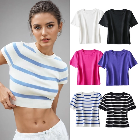 Women Short Sleeve Knitted Top Round Neck Slim Fit Ice Satin Pullover Casual Summer Striped Solid T-Shirt