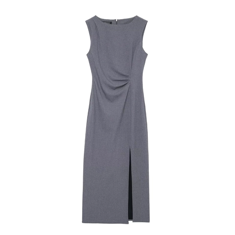 Vestido Midi Sin Mangas Poliéster Cintura Fruncida Abertura Lateral Ajustado Elegante Cuello Redondo Oficina Mujer Gris