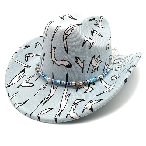 Western Cowboy Hat Polyester Felt Bird Print Wide Brim Starfish Bead Decor Band Vintage Fedora For Men Women
