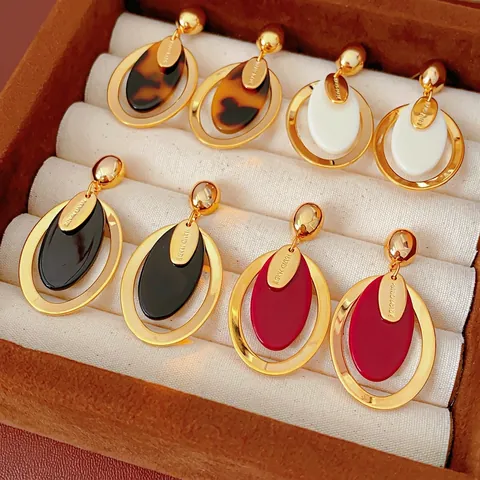 Vintage Oval Drop Earrings Brass Resin With Silver Earring Post Geometric Handmade Label Gold Plated Retro Jewelry