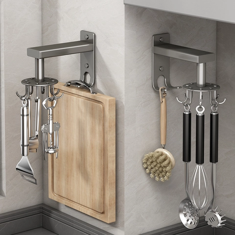 Rotating Kitchen Hooks Aluminum Alloy Wall Mounted No Drill Utensil Rack For Spatula Spoon 360 Degree Rotation