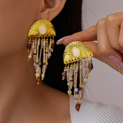 Bohemian Semi Circle Fan Shape Tassel Earrings Alloy With 925 Sterling Silver Earring Post Retro Beaded Jewelry For Women