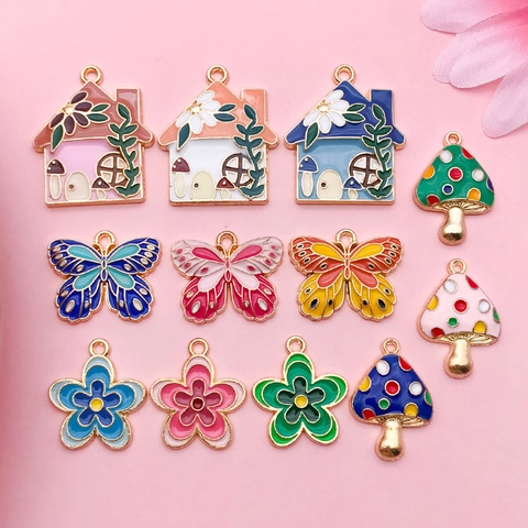 Cute Colorful Enamel Alloy Charms For DIY Jewelry Making Mushroom Butterfly House Flower Shapes Pendants Accessories