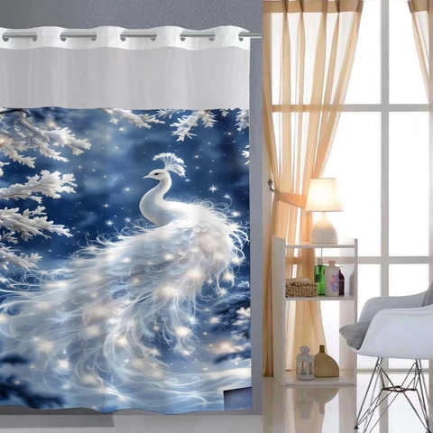 Waterproof Waffle Polyester Shower Curtain And Bath Mat Snap-In Removable Liner Top Mesh Window Weighted Magnetic Bottom