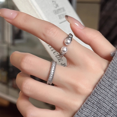 Künstliche Perlenring Offen Und Zirkonia Micro Pave Eternity Ring Silberfarben Eleganter Modeschmuck Für Damen