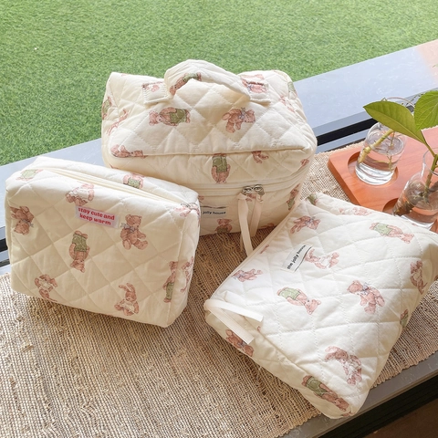 Gesteppte Baumwolle Kosmetiktasche WaldBär Hase Muster Große Kapazität Kosmetikbeutel Kawaii Reise Aufbewahrung Organizer Für Frauen