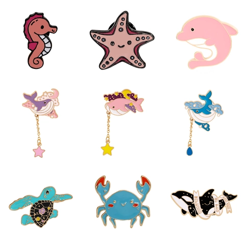 Enamel Brooch Alloy Cartoon Sea Animal Whale Shark Seahorse Lapel Pin Jewelry Accessory For Backpack Clothes Decoration