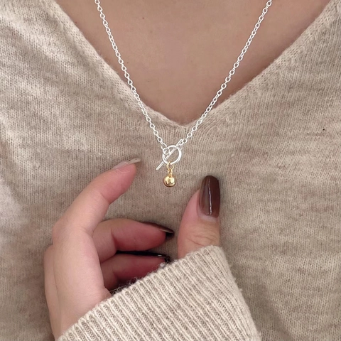 Collana In Argento Sterling 925 Pendente Campanello Dorato Chiusura OT Gioielli Minimalisti Bicolore Donna