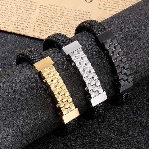 Men Woven Leather Bracelet Stainless Steel Wave Plate Punk Braided Wristband Magnetic Clasp Fashion Jewelry