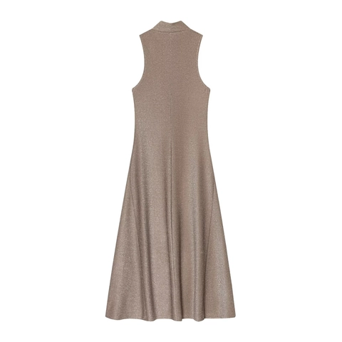 Elegantes Ärmelloses Maxikleid Mit Stehkragen Schimmerndem Metallischem Lurex-Strick Für Damen Partyabend