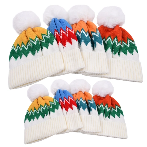 Winter Knitted Beanie Hat With White Faux Fur Pom Pom Chevron Wave Pattern Warm Outdoor Parent Child Casual
