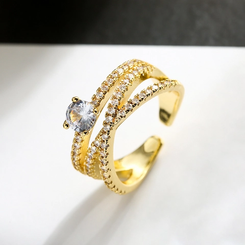 Zirkoon Kruis Ring Verstelbaar Drielaags Geometrisch Koper Verguld Sieraden Voor Vrouwen Elegant Mode Micro Pave