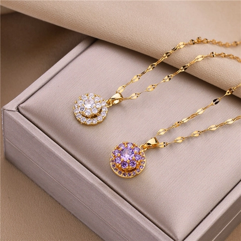 Collana con Ciondolo Rotante in Acciaio al Titanio per Donna Placcata Oro Catena a Onde d'Acqua con Zirconia Tonda Luccicante