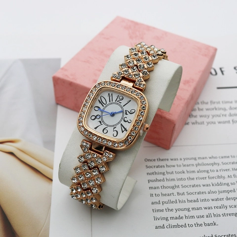 Orologio Al Quarzo Da Donna Quadrante Quadrato Pieno Di Strass Lusso Moda Orologio Da Polso Lancette Blu Acciaio Inox