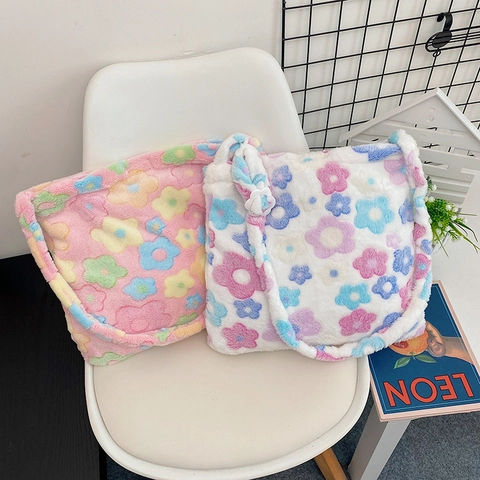 Women Plush Floral Tote Bag Spacious Soft Faux Fur Shoulder Crossbody Bag Cute Fresh Style Casual Handbag