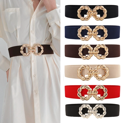 Women's Fashion Elastic Wide Belt With Interlocking Metal Buckle Stylish Waist Cinch For Dresses Shirts Decorative Accessories