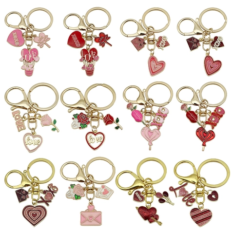 Valentine's Day Heart Rose Love Enamel Keychain Alloy Zinc Drip Oil Bag Pendant Romantic Gift For Women Couples Lovers