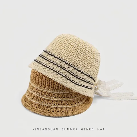 Cappello Alla Pescatora In Maglia Da Donna Con Fiocco In Pizzo Traspirante Traforato Protezione Solare Spiaggia Estate Elegante