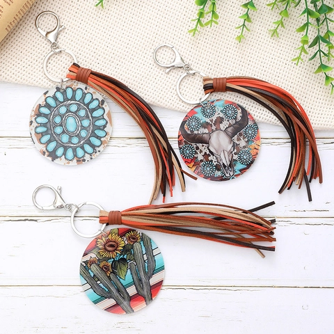 Portachiavi Rotondo in Acrilico Stampato Stile Western Con Nappina in Pelle Artificiale Pendente per Borsa Motivo Girasole Cactus Teschio di Mucca