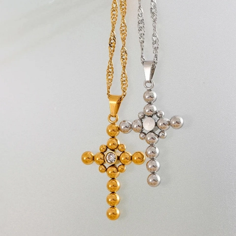 Collier Pendentif Croix En Perles Acier Inoxydable Rétro Avec Incrustation De Zircon Blanc Bijoux Vintage Homme Femme