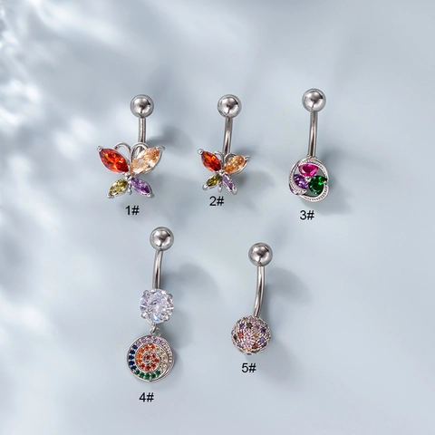 Stainless Steel Navel Piercing Jewelry With Colorful Zircon Butterfly Pendant Belly Button Ring For Women Pierced Style