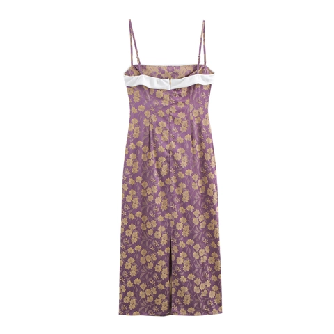 Jacquard Camisole Midi Jurk Polyester Bloemenpatroon Retro Hoge Taille Elegant Paars Witte Gevouwen Halslijn Slim Fit